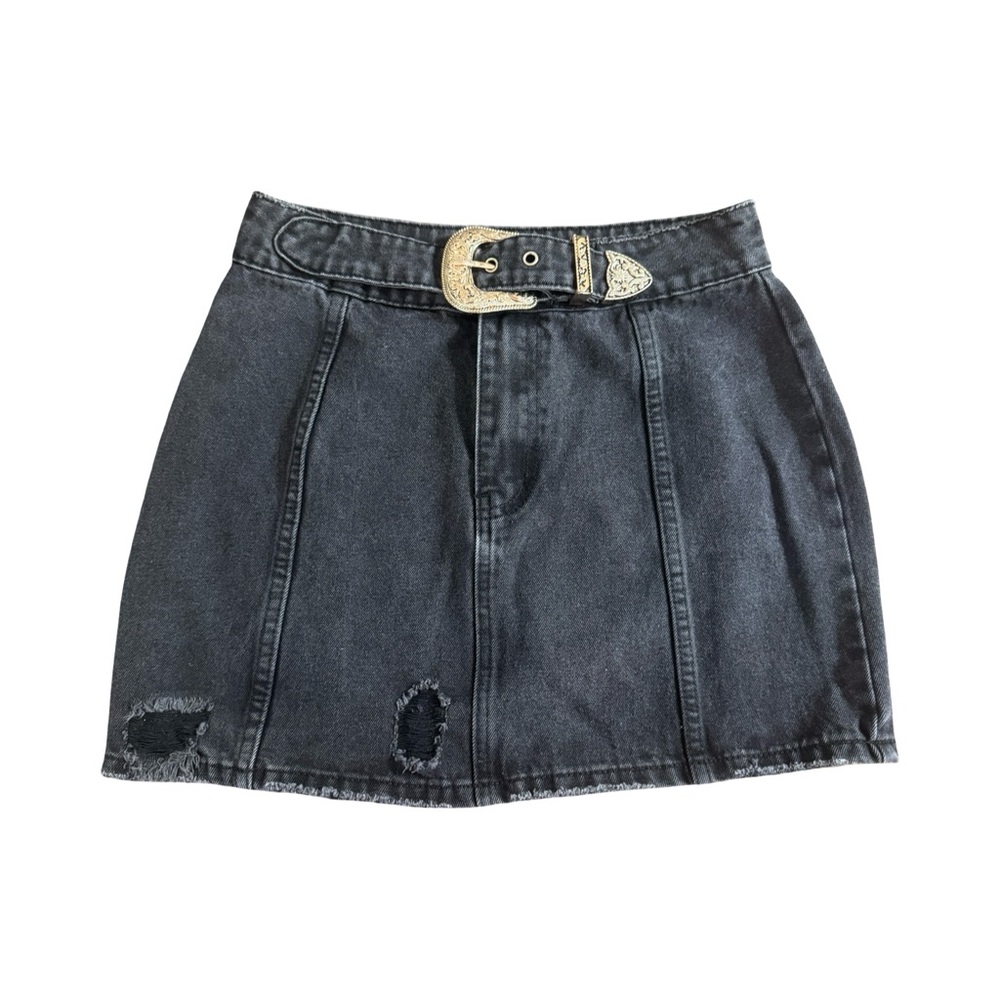 Le Lis Black Denim Mini Skirt with Distressed Details